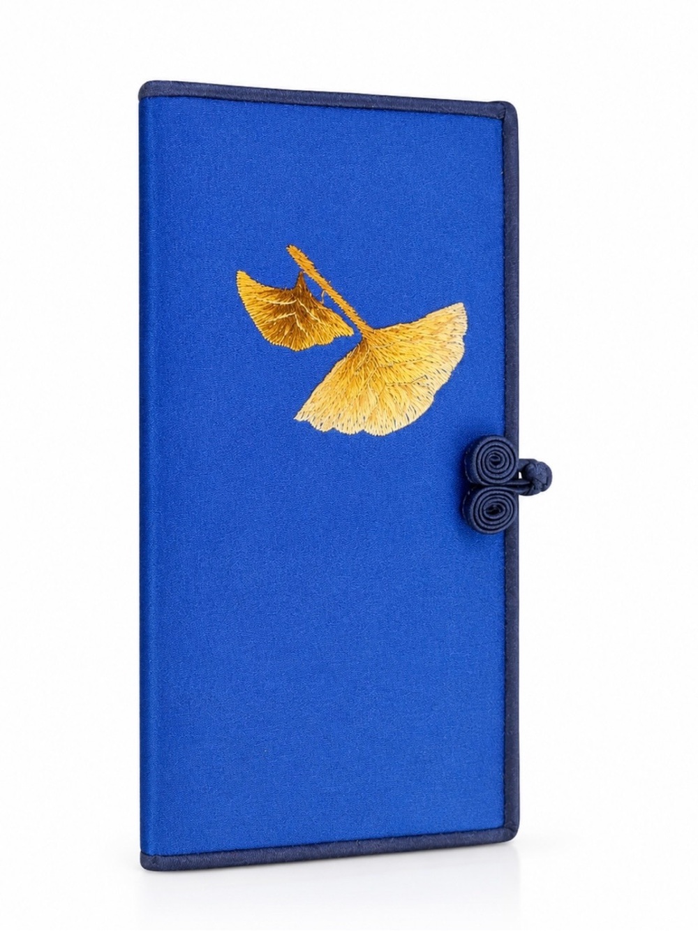 Blue Silk Embroidered Clutch with Gold Leaf Accent